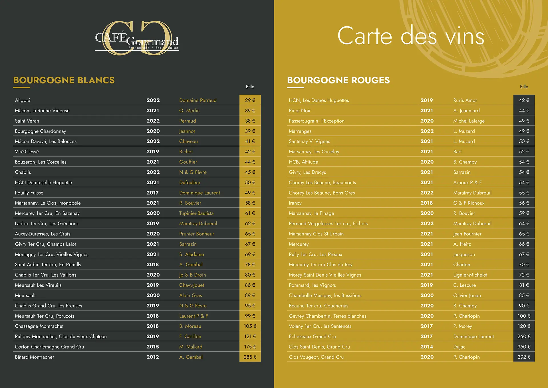 Menu des plats, vins et des cocktails | Café Gourmand Dijon